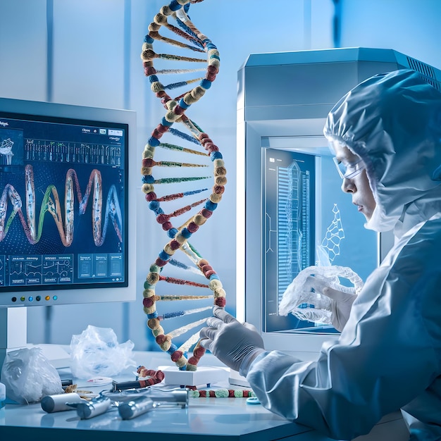 Photo a scientist is working on a lab with a computer monitor behind him