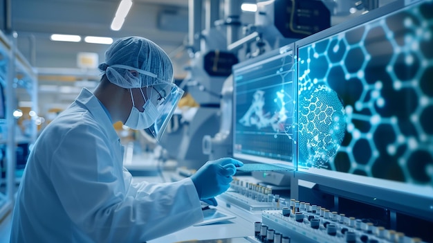 Photo a scientist in a lab with a blue background and a blue light on the left side of the device