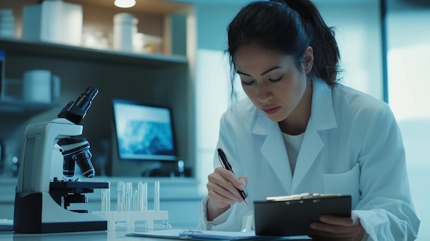 Photo scientist woman researching in laboratory