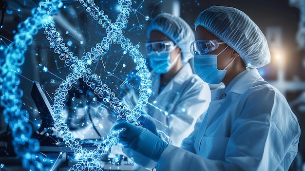 Photo scientists in protective suits with a blue background of a blue circuit board