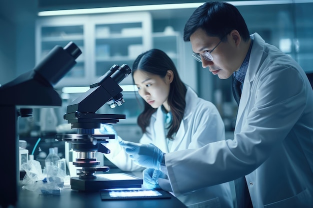 Scientists working with microscopes in the laboratory science research concept