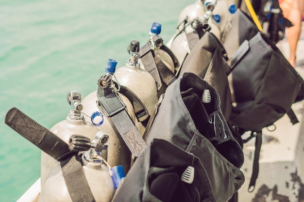 Scuba compressed air tank on boat ready for diving