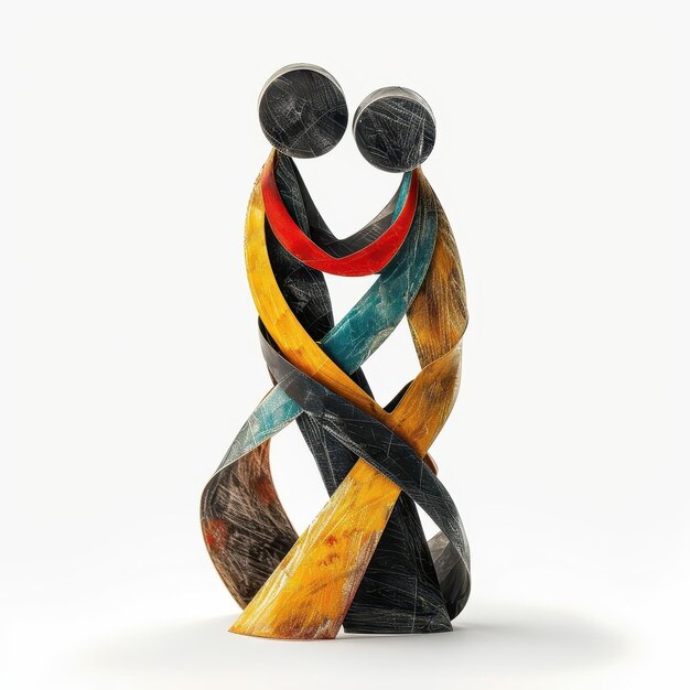 sculpture of a couple of people with a colorful ribbon