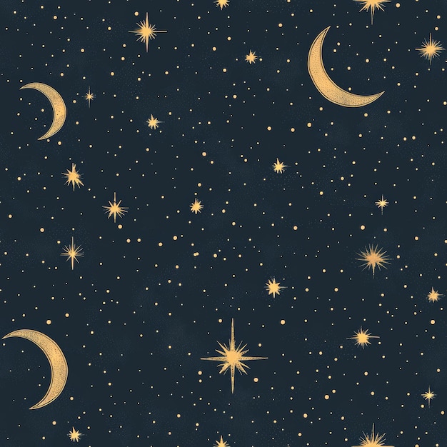 Photo seamless pattern of starry night sky with twinkling stars and a crescent moon