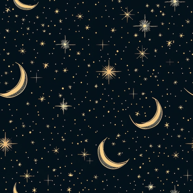 Photo seamless pattern of starry night sky with twinkling stars and a crescent moon