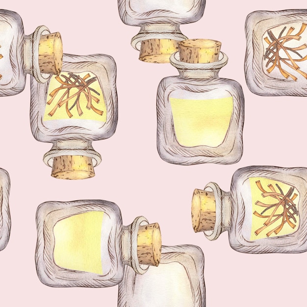 Photo seamless pattern with glass jars of saffron oil and pestles a handdrawn watercolor illustration