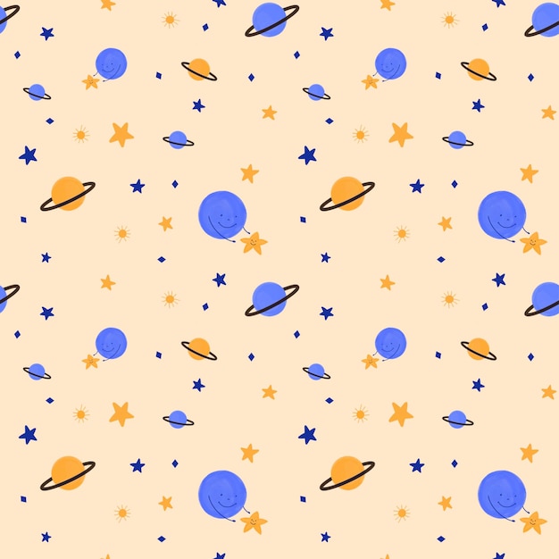 Seamless pattern with planets and little star on light orange background