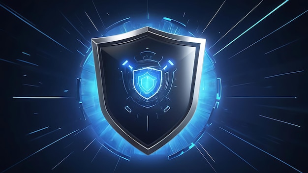 Photo security technology concept with futuristic shield icon in the center of blue background with light effects