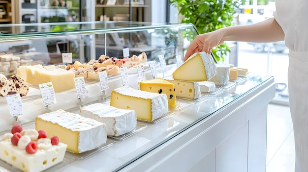 Photo selecting artisanal cheese at a gourmet food shop with clean white background