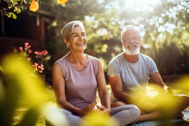 Senior couple smiling while practicing yoga together in a serene garden adult day togetherness