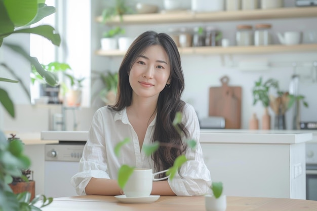 사진 조용한 아시아 여성이 밝은 부에서 아침 커피를 즐기고 있습니다.