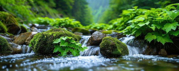 Photo serene brook flowing through lush green foliage and mossy rocks tranquil wildlife habitat in