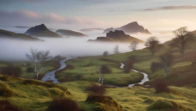 Photo serene fog over rolling hills in the highlands