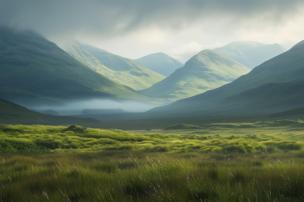 Photo serene landscape of the scottish highlands featuring rolling hills and misty mountains