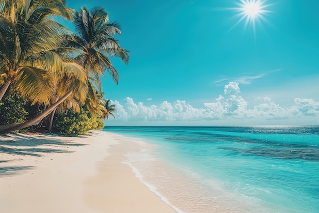 Foto serena spiaggia tropicale con sabbia dorata e palme oscillanti sotto un sole brillante