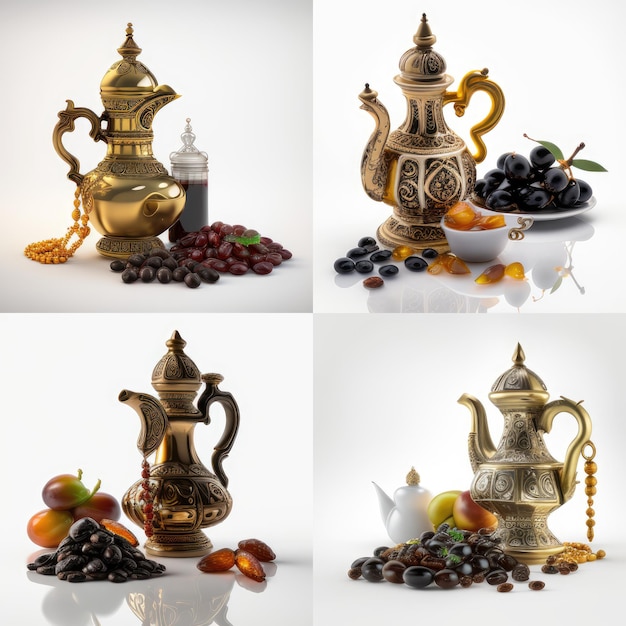 A series of pictures of different types of food including a teapot, a bowl of fruit, and a teapot.