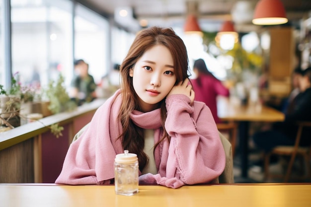 Photo serious asian woman sitting at table in cafe