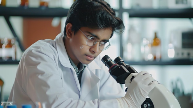 Photo a serious and focused young indian chemical researcher