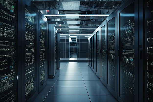 Server room data center 3d rendering toned image double exposure Realistic server in datacenter close up shot AI Generated