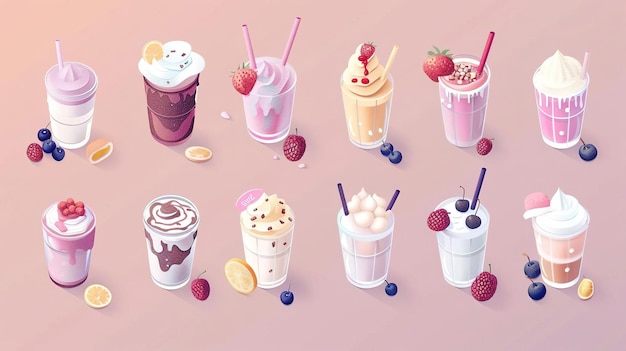 Photo set of 12 delicious milkshakes with various toppings