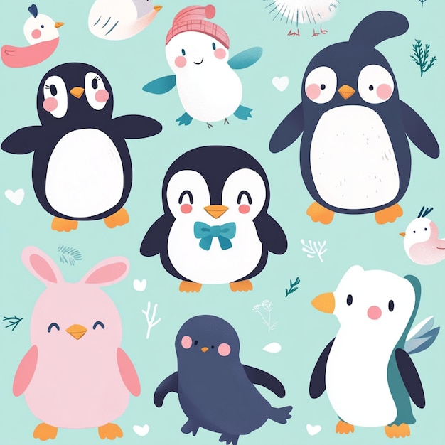 Photo set of collection stickers of penguins and various cute pet animals illustration