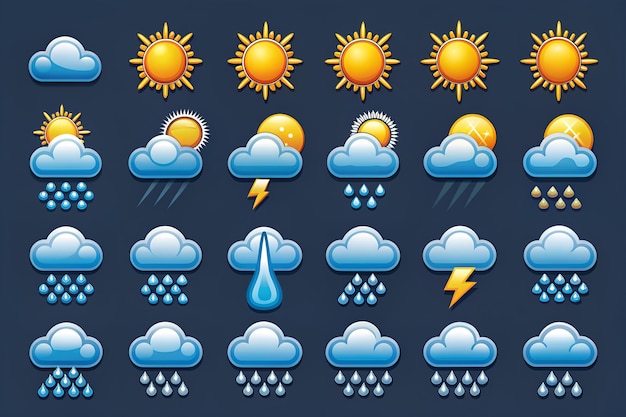 Photo set of different weather icons with different color elements