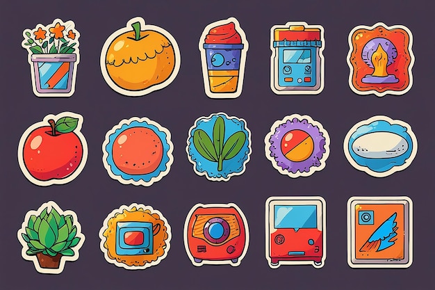 Photo set of doodle stickers with retro theme stylized hand drawn vector illustration for journaling