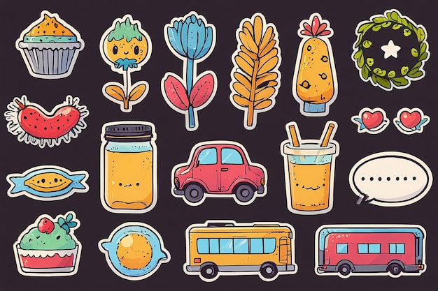 Photo set of doodle stickers with retro theme stylized hand drawn vector illustration for journaling