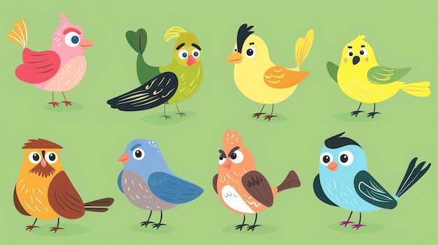 Photo a set of eight cartoon birds with different colors and designs