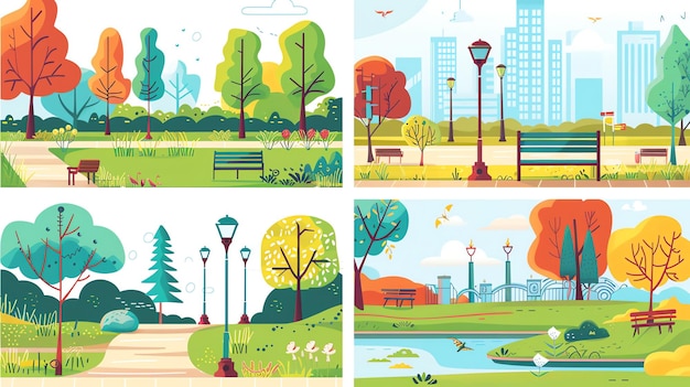 Photo a set of four cartoon illustrations showing different park scenes