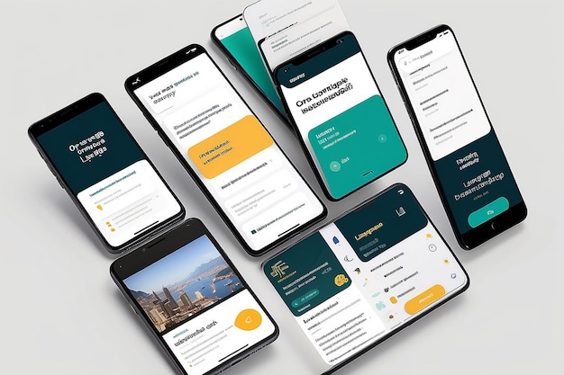 Photo a set of smartphone mockups for a language learning platform showcasing devices in various orientations with customizable language lessons and quizzes on the screens