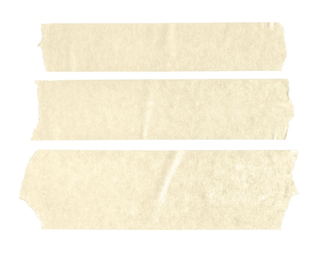 Photo set of three beige blank paper tape stickers isolated on white background