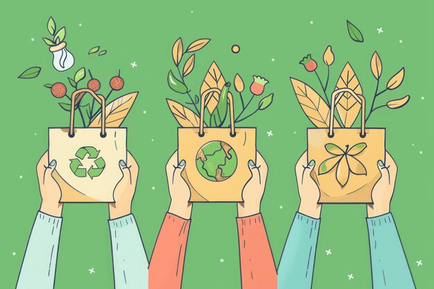 Photo a set of three illustrations in a line art style featuring hands holding ecofriendly shopping bags with green and earth tones