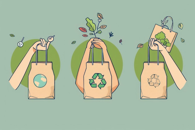 Photo a set of three illustrations in a line art style featuring hands holding ecofriendly shopping bags with green and earth tones