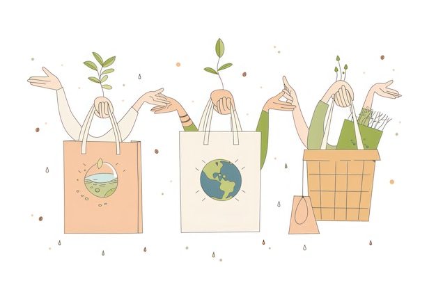 Photo a set of three illustrations in a line art style featuring hands holding ecofriendly shopping bags with green and earth tones