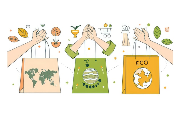 Photo a set of three illustrations in a line art style featuring hands holding ecofriendly shopping bags with green and earth tones