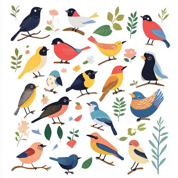 Foto set van verzamelingen vogels, waaronder kleurrijke vogels stickers illustratie met geïsoleerde witte achterkant