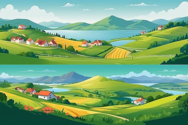 Photo set of vector panoramic illustration of beautiful fields landscape green hills village surrounded by mountains and the sea background in flat cartoon style