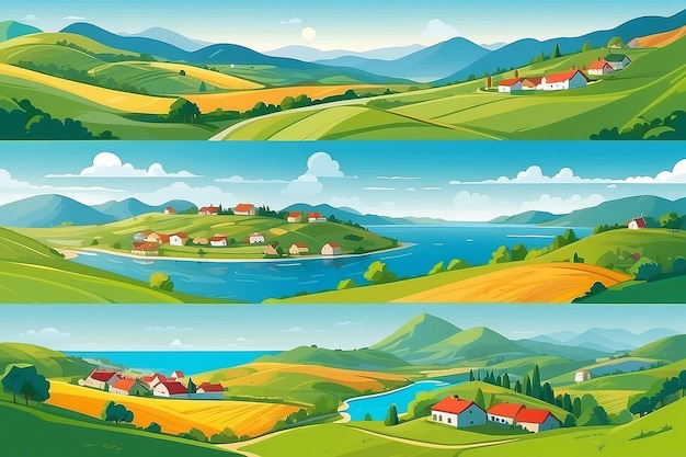 Photo set of vector panoramic illustration of beautiful fields landscape green hills village surrounded by mountains and the sea background in flat cartoon style