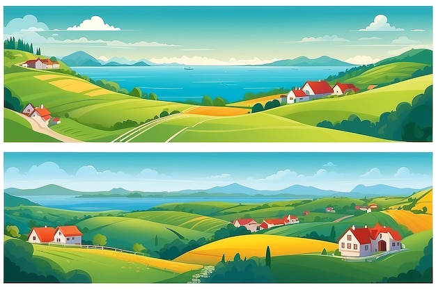 Photo set of vector panoramic illustration of beautiful fields landscape green hills village surrounded by mountains and the sea background in flat cartoon style