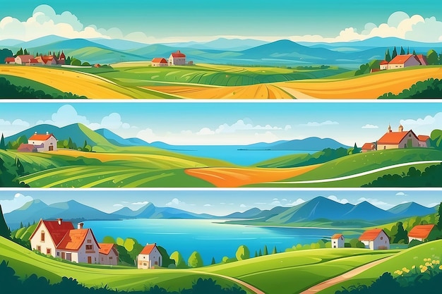 Photo set of vector panoramic illustration of beautiful fields landscape green hills village surrounded by mountains and the sea background in flat cartoon style