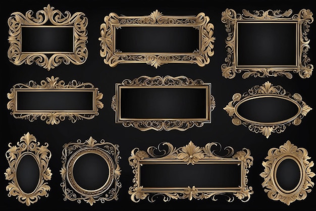 Photo set of vintage golden frames and borders decorative ornament vector antique illustration