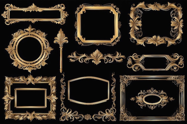 Photo set of vintage golden frames and borders decorative ornament vector antique illustration