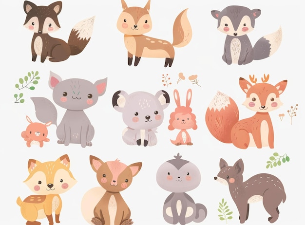 Set of watercolor illustrations of woodland animals wearing pink ribbons