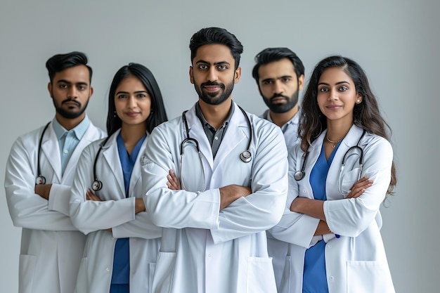 Several Indian physicians are positioned facing the camera while holding their hands folded Generative AI