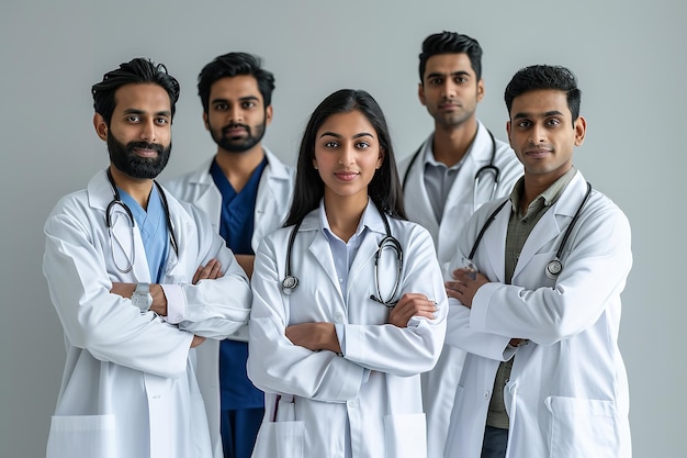 Several Indian physicians are positioned facing the camera while holding their hands folded Generative AI