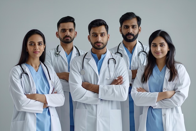 Several Indian physicians are positioned facing the camera while holding their hands folded Generative AI