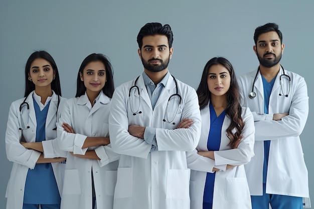 Several Indian physicians are positioned facing the camera while holding their hands folded Generative AI