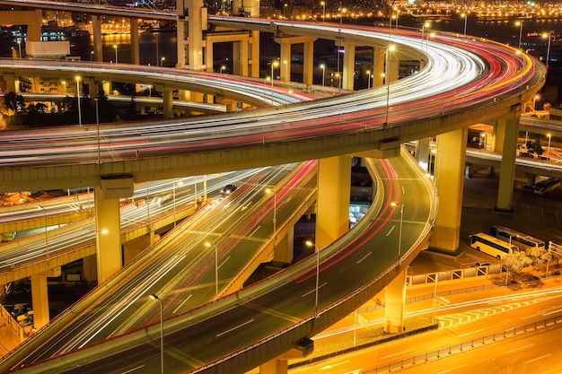 Shanghai nanpu approach bridge closeup with light trails at nightxA