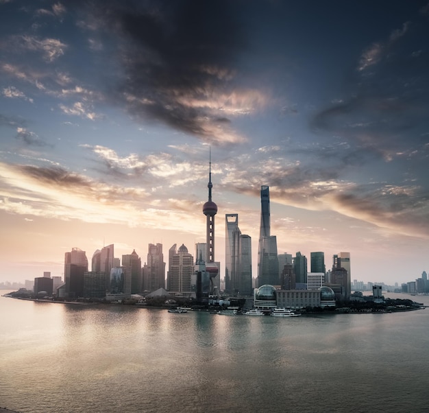 Shanghai skyline view and beautiful sunrise sky background